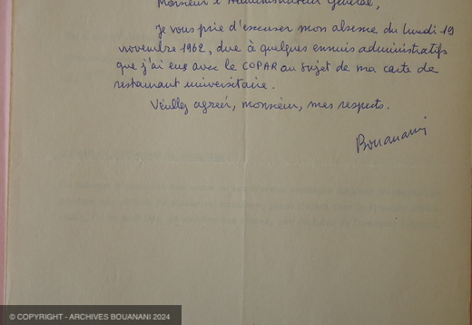 1962 11 20 Lettre justification Bouanani