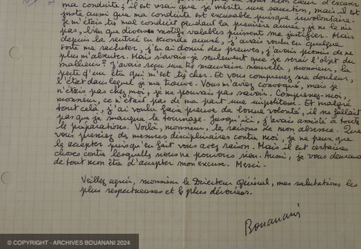 1962 11 27 Lettre Bouanani Excuse