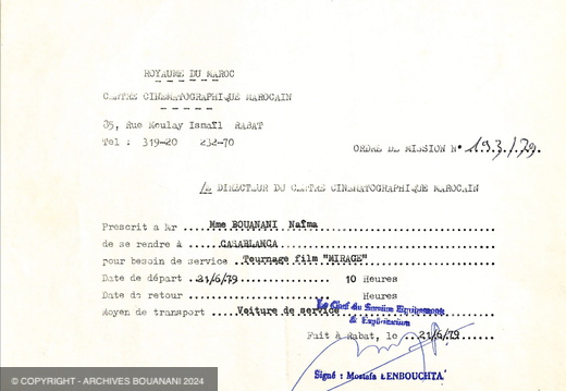 CCM ordre de mission tournage Mirage a Casablanca pour Naima Saoudi